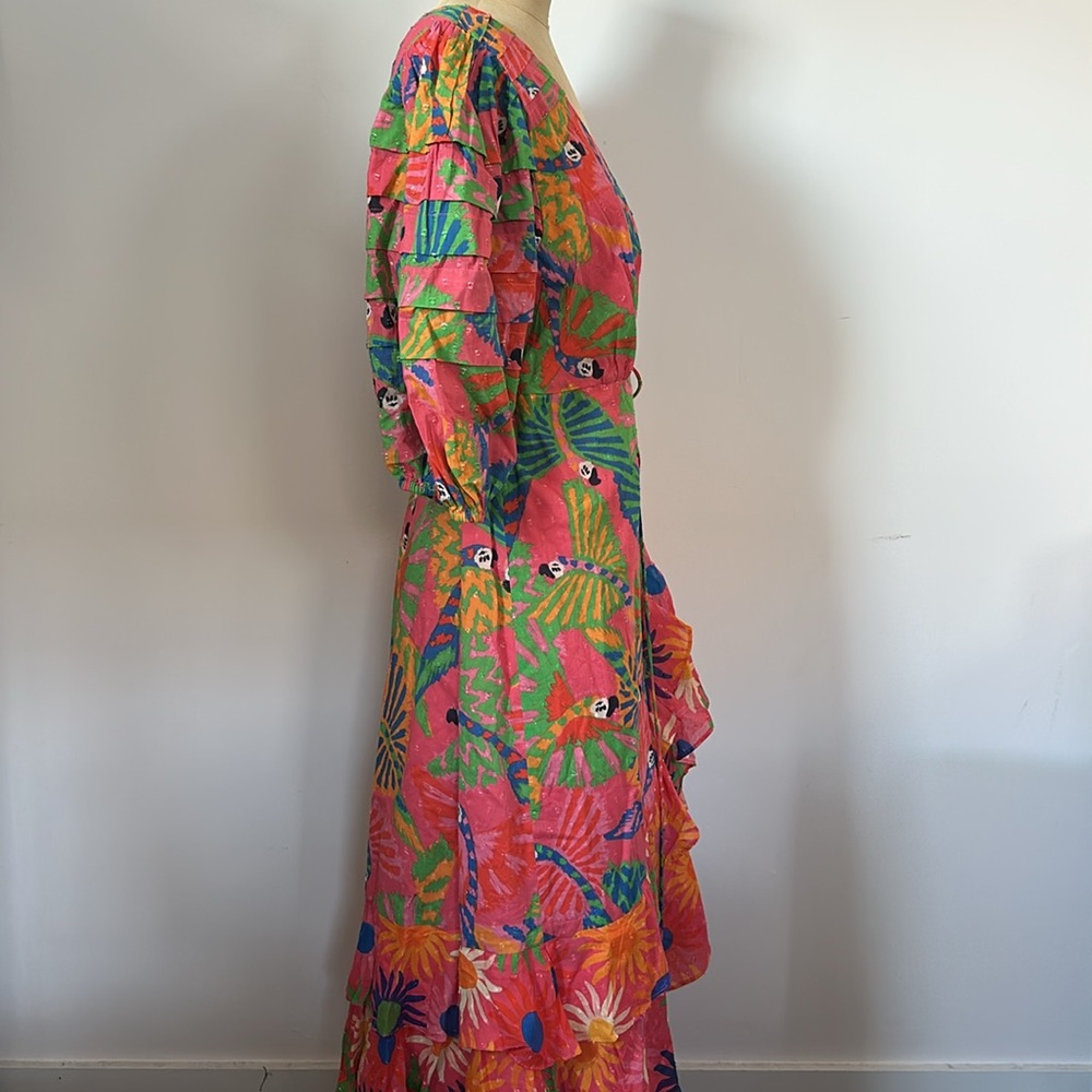 π *HOST PICK!* FARM Rio Macaw Pink Blue Ruffled Wrap Floral Boho Sundress L - Picture 9 of 16